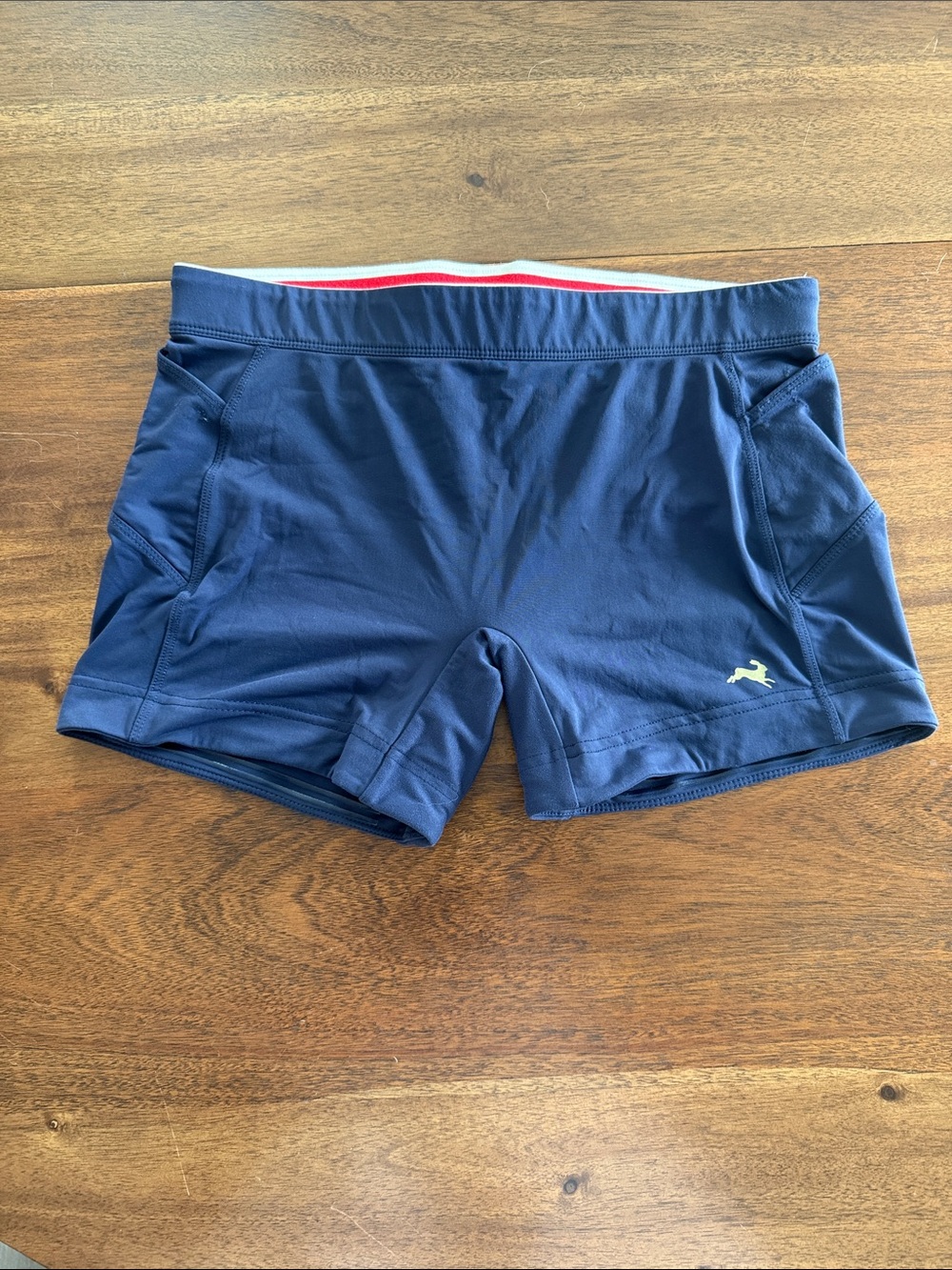 Tracksmith Navy Athletic Running Shorts with Red Waistband Trim